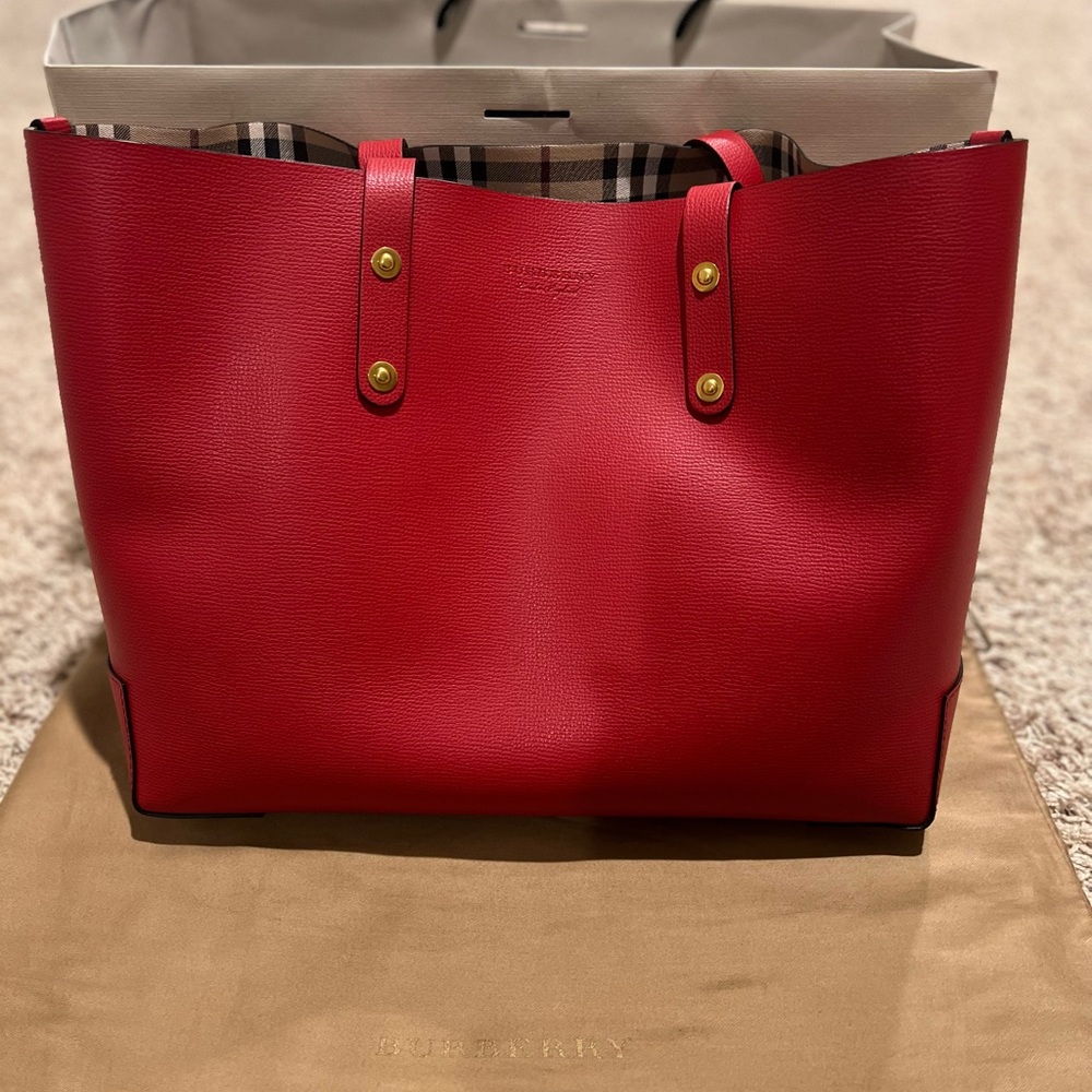 Brand New Burberry Red Haymarket Leather Tote
